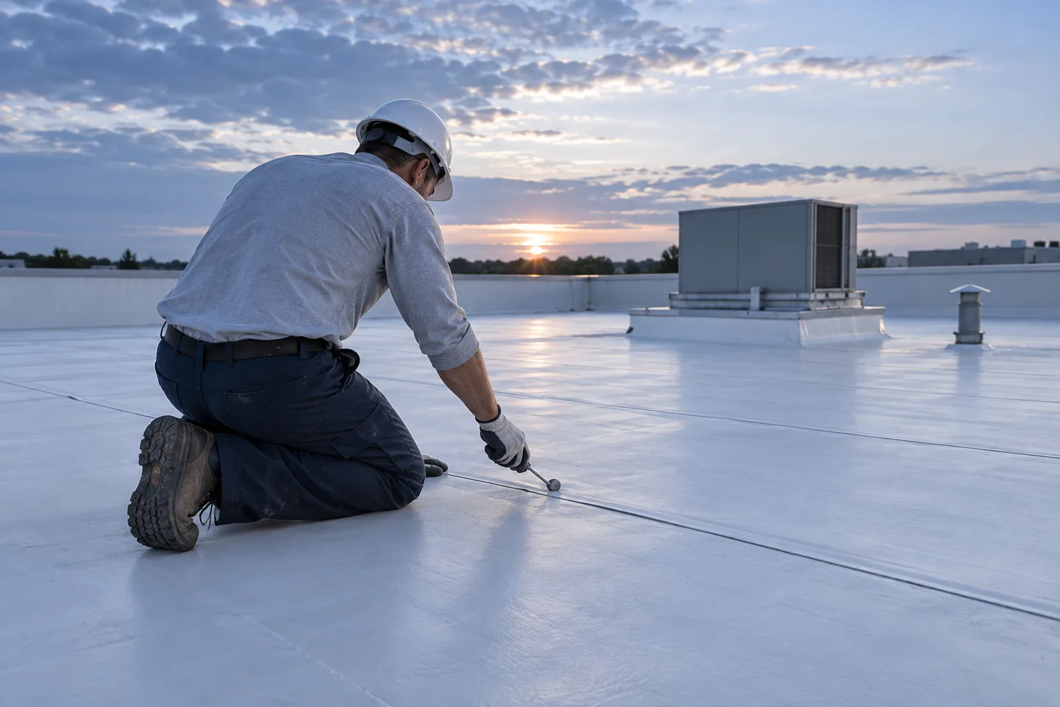 Generated illustration of a backlit roofer kneeling with a seam roller on a commercial membrane roof at dawn