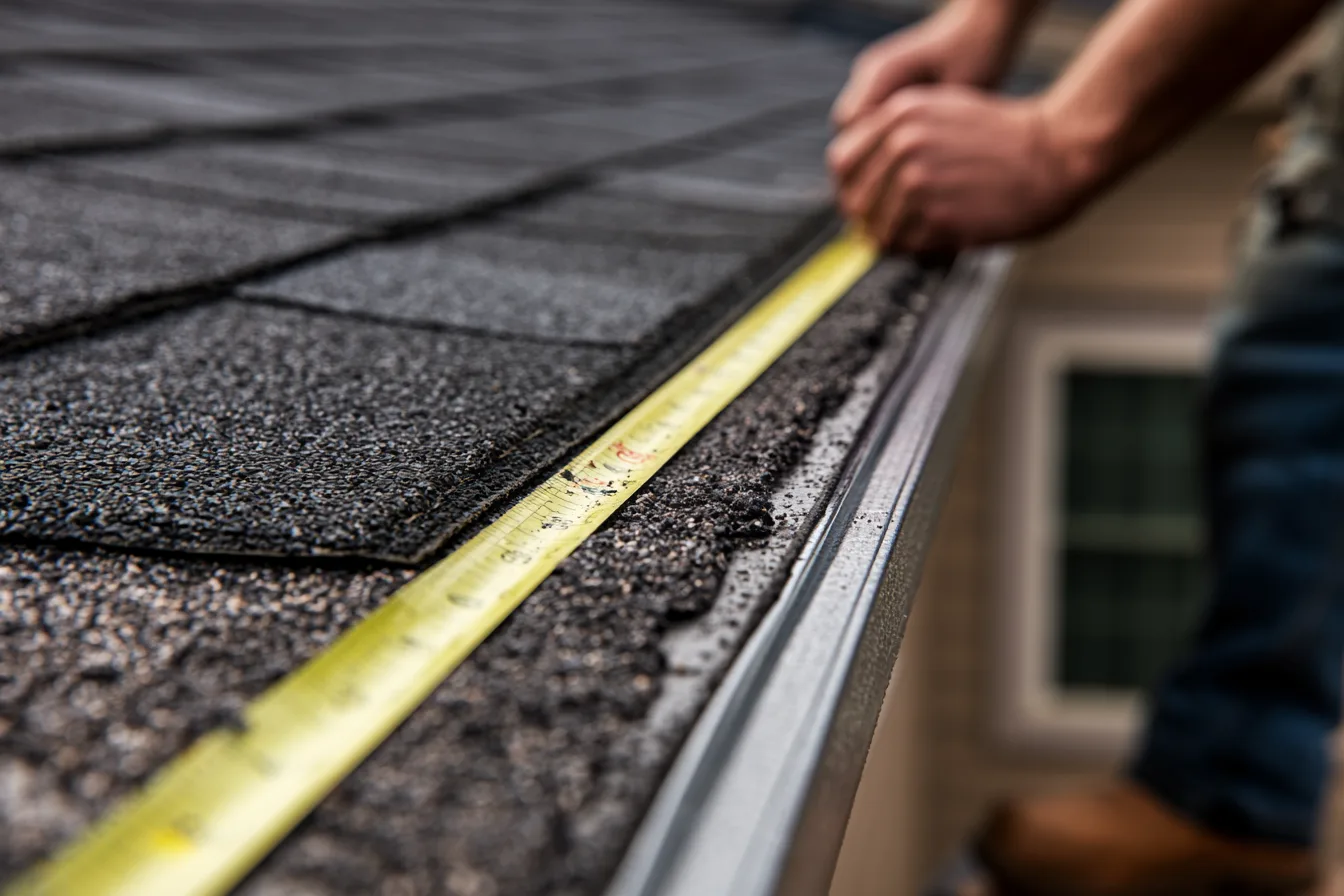 Tape measure along the starter course at the edge of a shingle roof